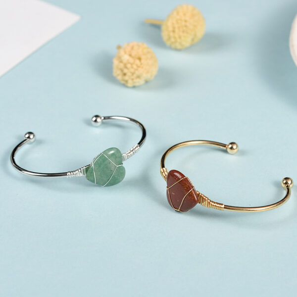 Natural Crystal Stone Heart Bangle Wire Wrap